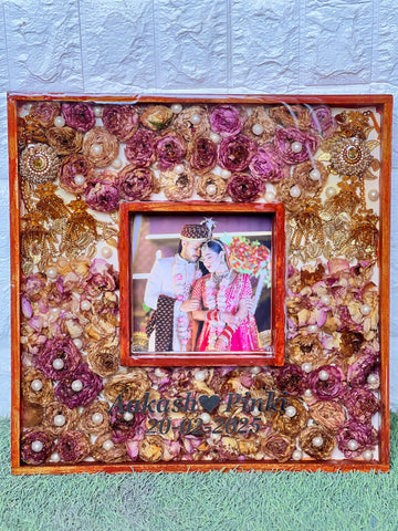 Resin 16 by 16 inch double frame with Keleera , Flowers , with couple Photo & Name Varmala Preservation