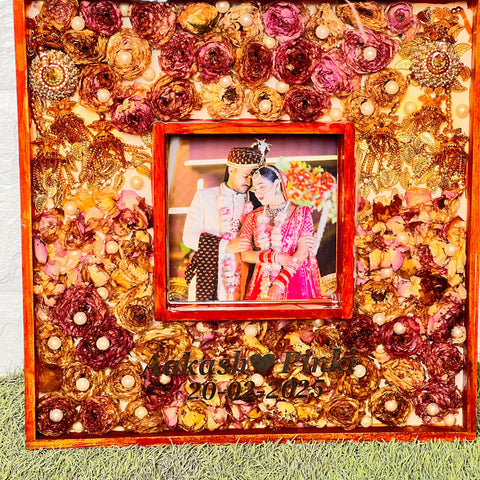 Resin 16 by 16 inch double frame with Keleera , Flowers , with couple Photo & Name Varmala Preservation