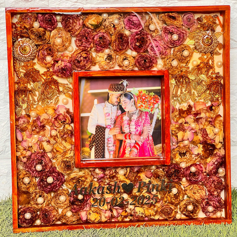 Resin 16 by 16 inch double frame with Keleera , Flowers , with couple Photo & Name Varmala Preservation