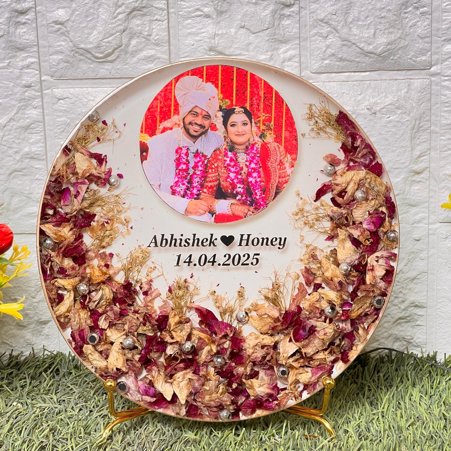 Resin 8inch round with Flowers petals & Couple Name & date with Photo Metal stand Varmala Preservation