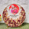 Resin 8inch round with Flowers petals & Couple Name & date with Photo Metal stand Varmala Preservation