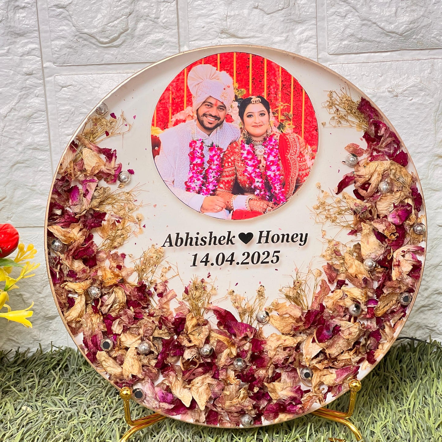 Resin 8inch round with Flowers petals & Couple Name & date with Photo Metal stand Varmala Preservation