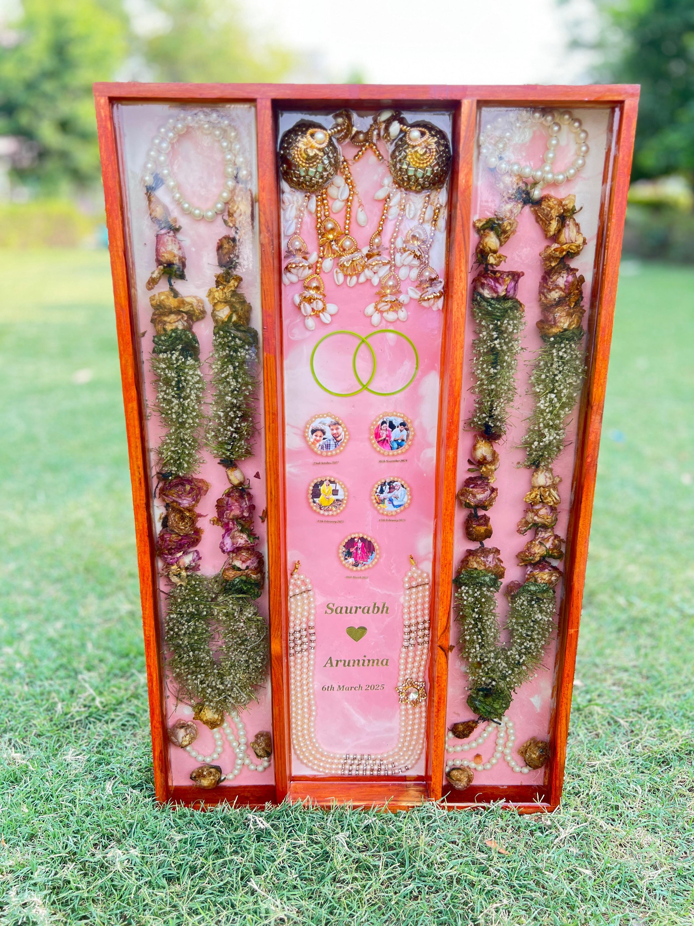 Resin Full Varmala Preservation with Couple Photo & Name date with Kantha & Keleera Varmala Preservation