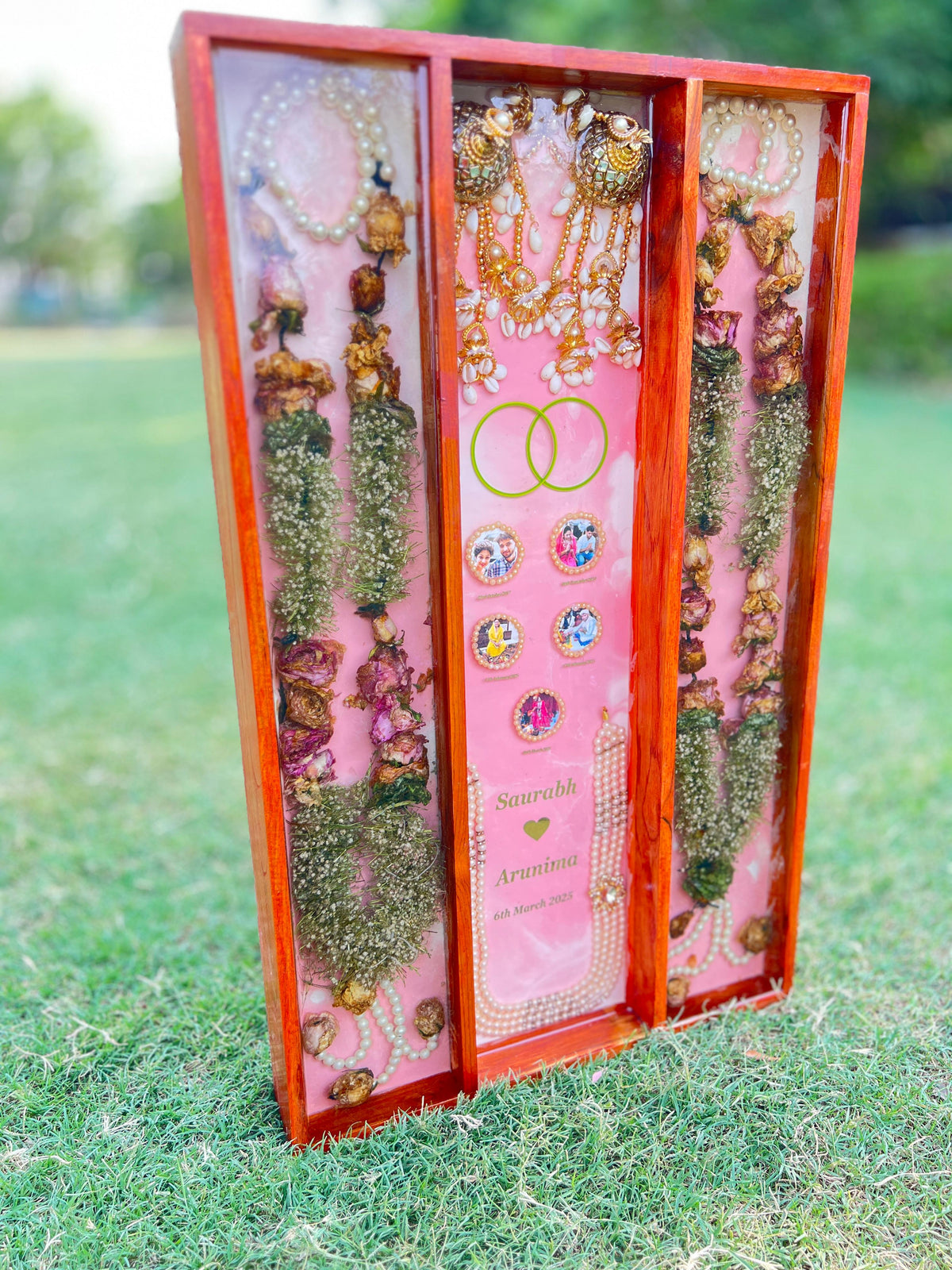 Resin Full Varmala Preservation with Couple Photo & Name date with Kantha & Keleera Varmala Preservation