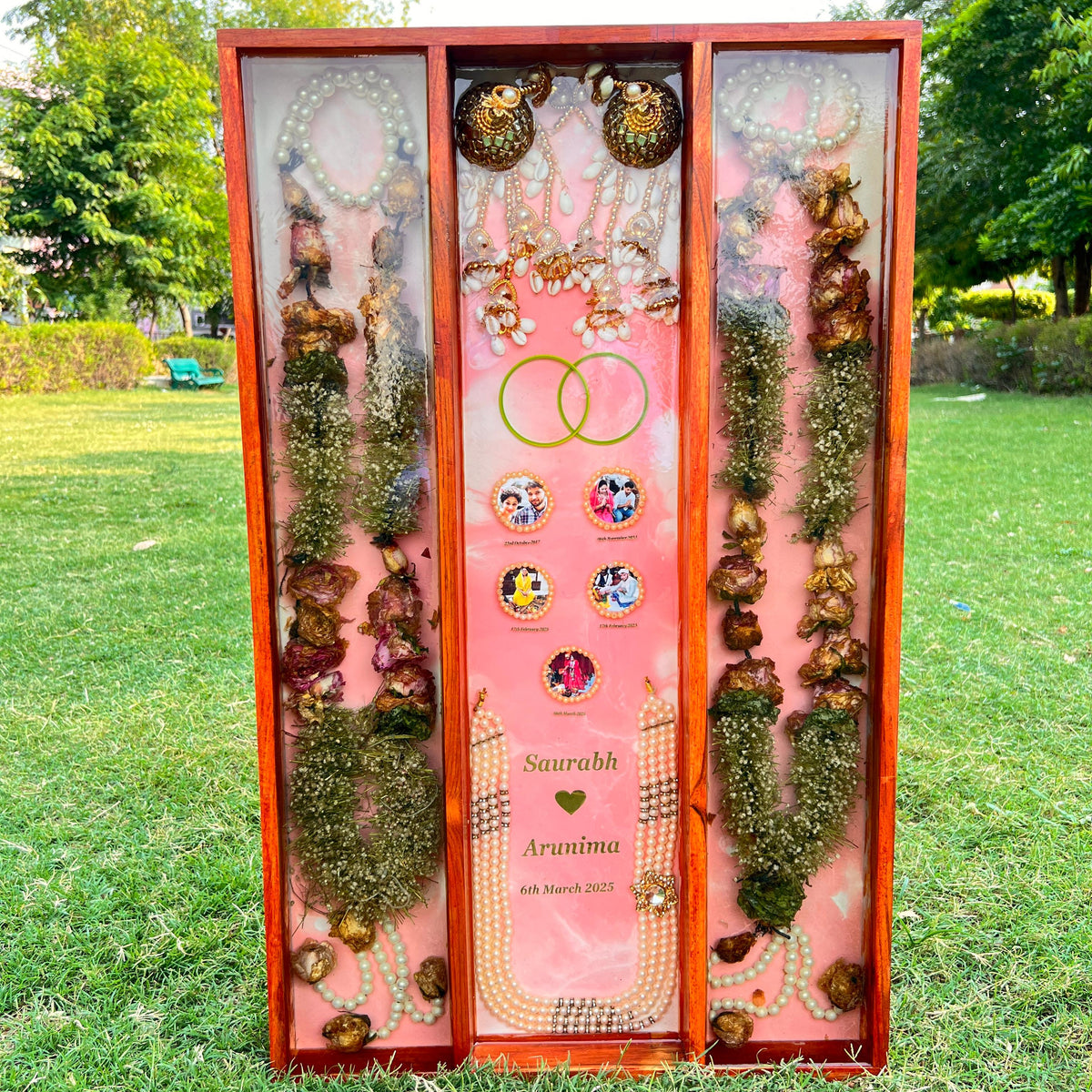 Resin Full Varmala Preservation with Couple Photo & Name date with Kantha & Keleera Varmala Preservation