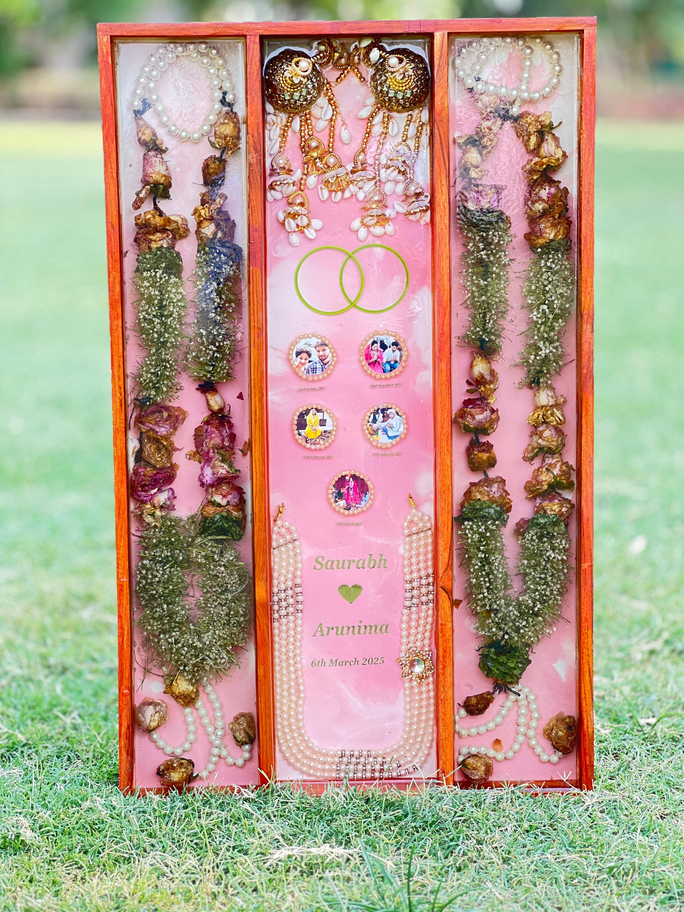 Resin Full Varmala Preservation with Couple Photo & Name date with Kantha & Keleera Varmala Preservation