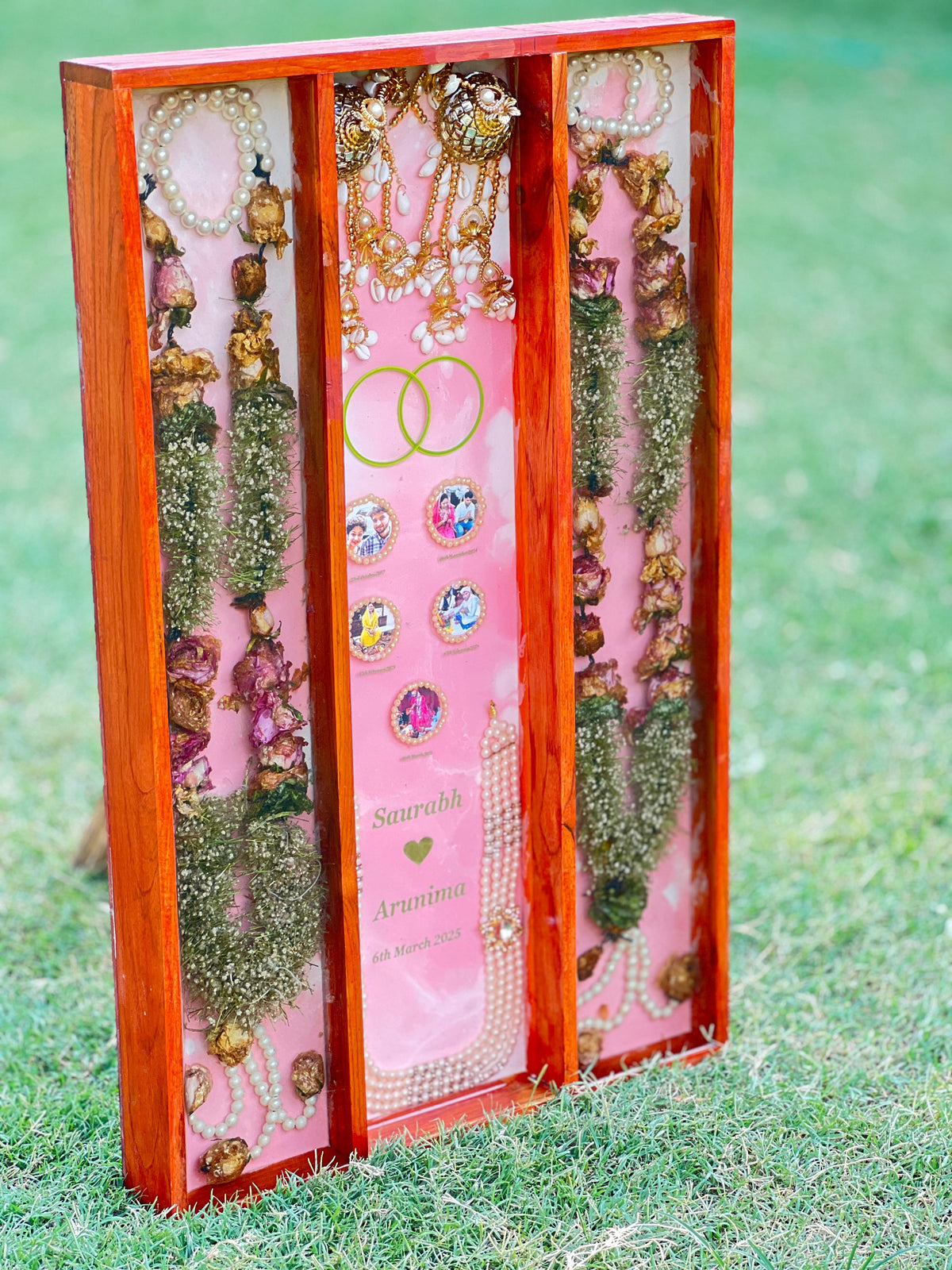 Resin Full Varmala Preservation with Couple Photo & Name date with Kantha & Keleera Varmala Preservation