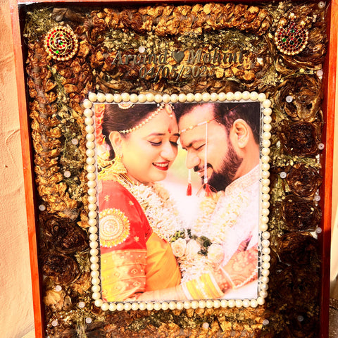 Resin 15 by 18 inch with Lotus Flowers & Jumke with Couple photo & Pearls border With Name & date varmala Preservation