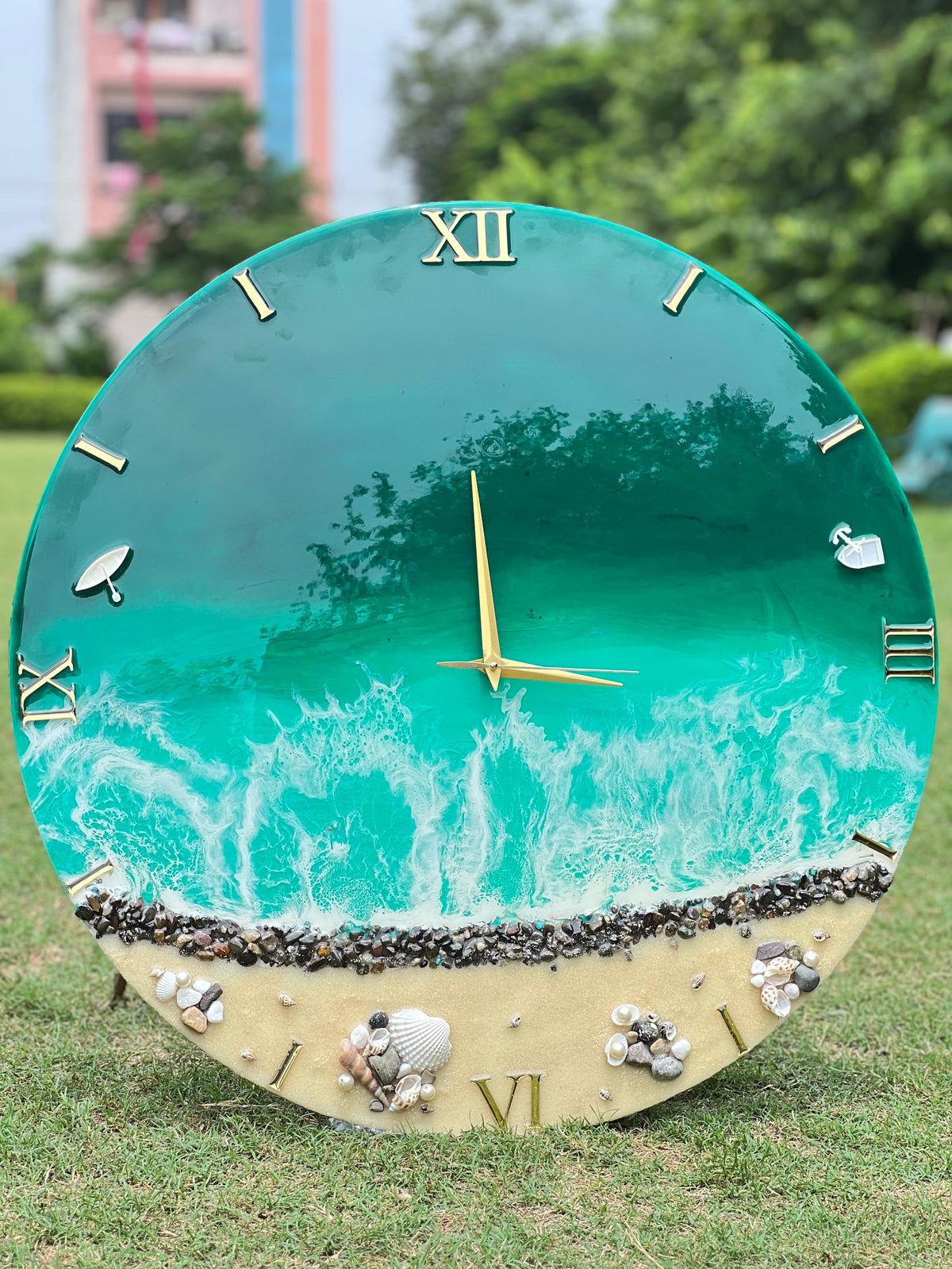 Premium Green Ocean wuth waves Resin Wall Clock 27 inch