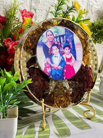 Resin 6inch block with metal stand & Couple photo & Name Date Varmala Preservation