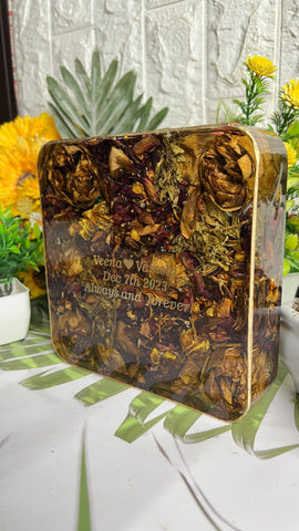 Resin 6inch Block with Lotus Flowers & Red roses petals with Name & Date Varmala Preservation