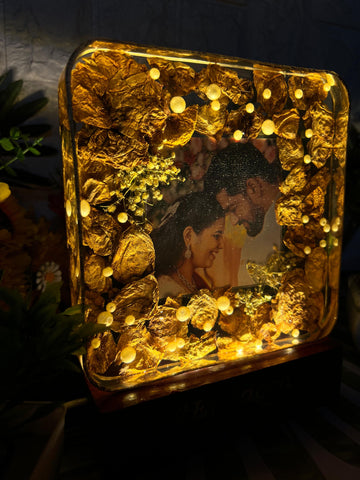 Resin 6inch block with Couple Photo & #tag with Date & LED light stand Transparent block Varmala Preservation