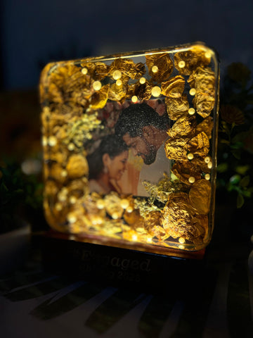 Resin 6inch block with Couple Photo & #tag with Date & LED light stand Transparent block Varmala Preservation