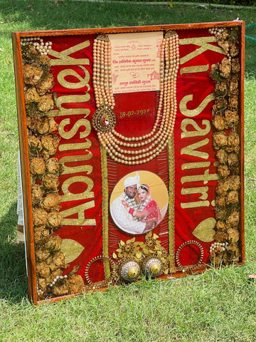 Resin  22×24 inch teakwood frame  with Red dupatta . wedding card  . Kantha , Kaleera , Chuda  with Couple photo , Full stff & Full Varmala Preservation