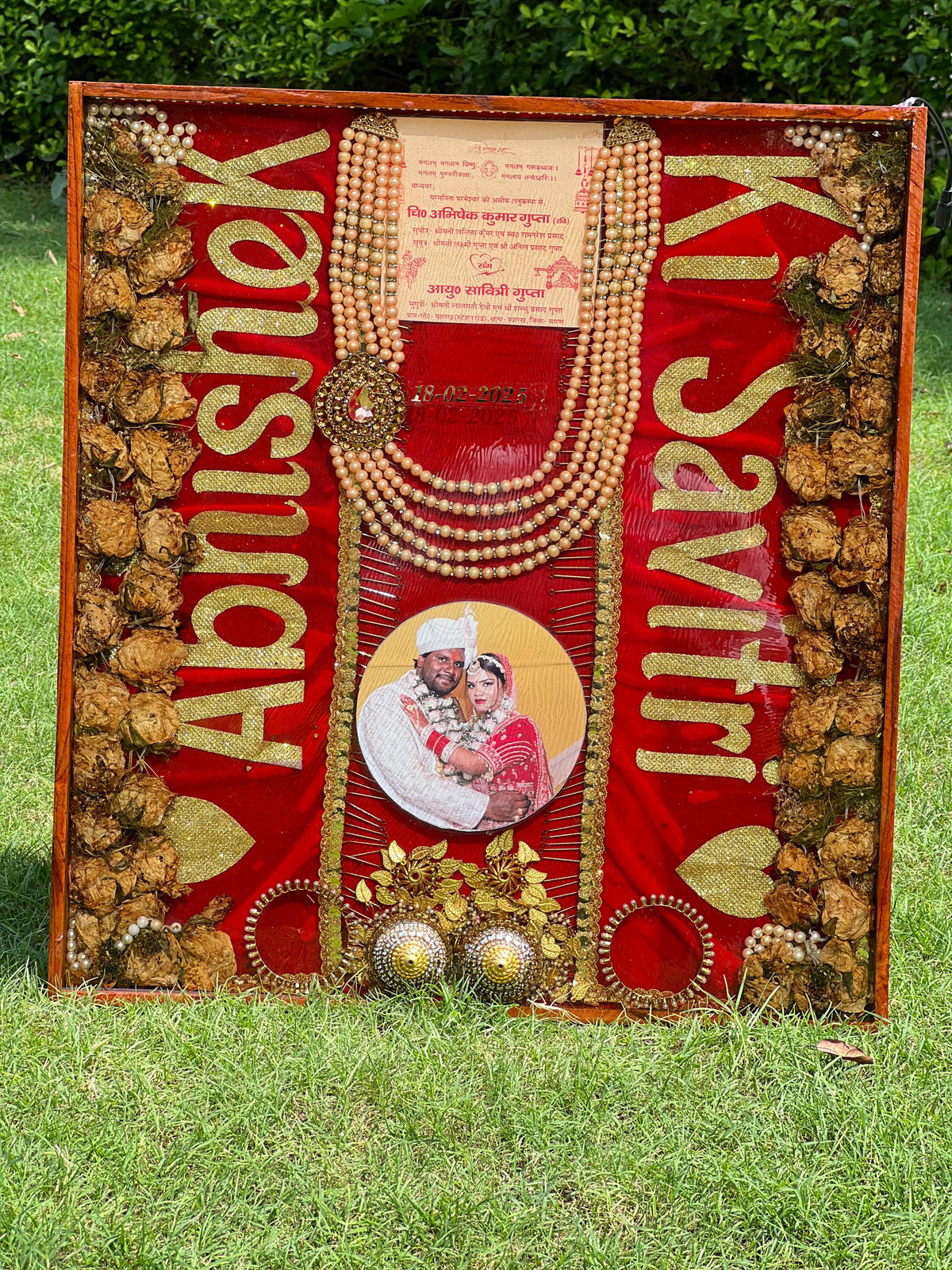 Resin  22×24 inch teakwood frame  with Red dupatta . wedding card  . Kantha , Kaleera , Chuda  with Couple photo , Full stff & Full Varmala Preservation
