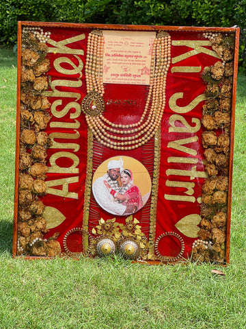 Resin  22×24 inch teakwood frame  with Red dupatta . wedding card  . Kantha , Kaleera , Chuda  with Couple photo , Full stff & Full Varmala Preservation