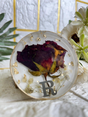 Resin 3inch round Bag charm with R written Single Rose Flowers Preservation