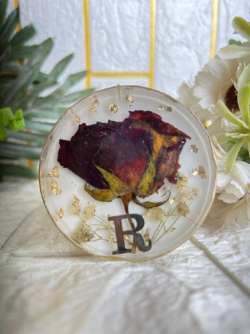 Resin 3inch round Bag charm with R written Single Rose Flowers Preservation