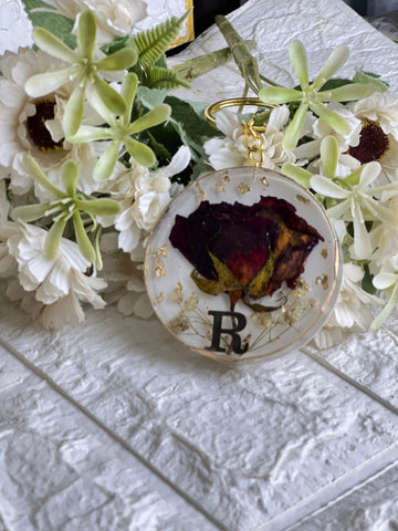 Resin 3inch round Bag charm with R written Single Rose Flowers Preservation
