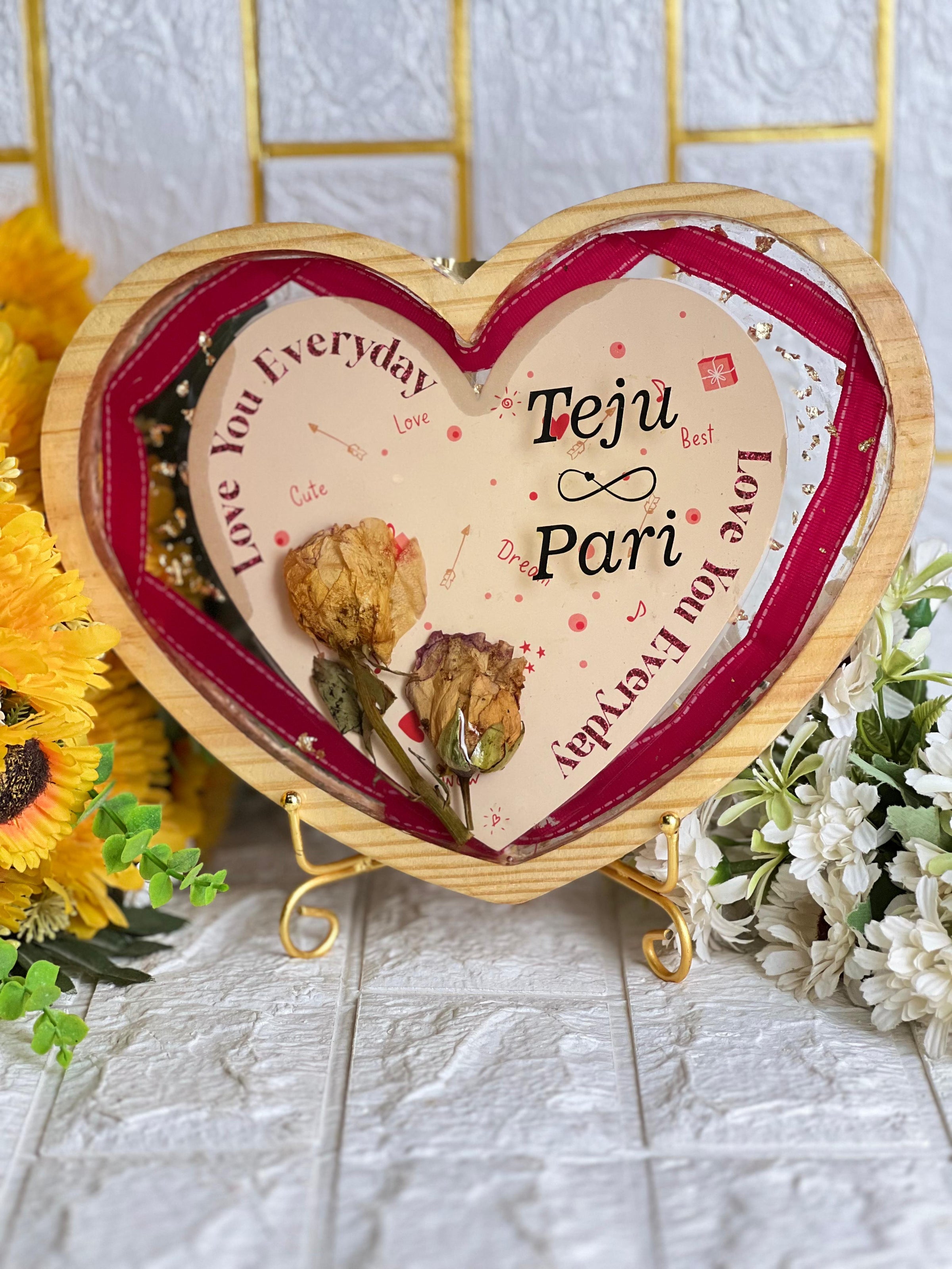 Resin 8inch Heart wooden frame with Card & 2 Roses , Couple text , Flowers Preservation