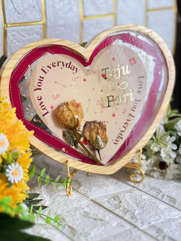 Resin 8inch Heart wooden frame with Card & 2 Roses , Couple text , Flowers Preservation