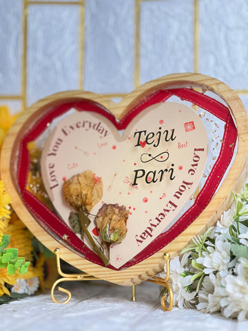 Resin 8inch Heart wooden frame with Card & 2 Roses , Couple text , Flowers Preservation