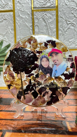 Resin 5inch round with base flowers petals with Photo & Text Side Flowers with stand Flowers Preservation