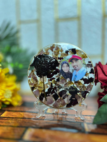 Resin 5inch round with base flowers petals with Photo & Text Side Flowers with stand Flowers Preservation