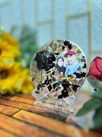 Resin 5inch round with base flowers petals with Photo & Text Side Flowers with stand Flowers Preservation