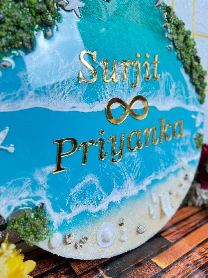 Round 16 inch resin nameplate with a full island scene and 3D miniatures in an ocean setting