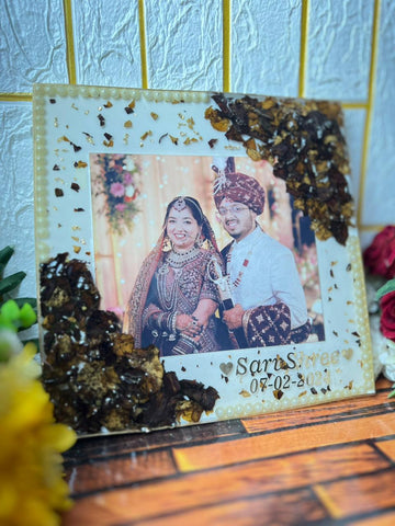 Resin 10inch squre with Couple Photo & Name Date with Pearls Border Varmala Preservation