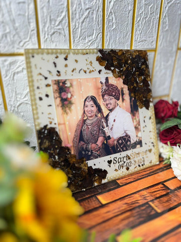 Resin 10inch squre with Couple Photo & Name Date with Pearls Border Varmala Preservation