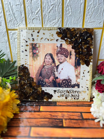 Resin 10inch squre with Couple Photo & Name Date with Pearls Border Varmala Preservation
