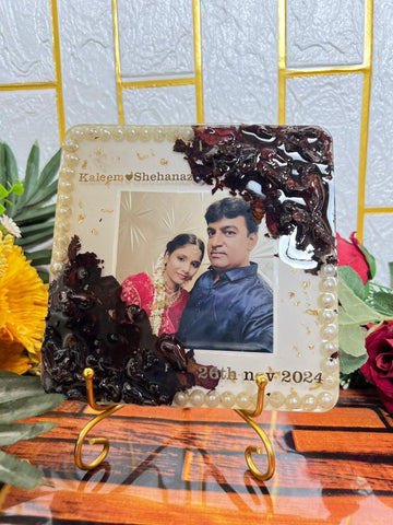 Resin 6inch squre with Flowers & Photo with Name Date Flowers Preservation