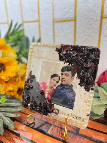 Resin 6inch squre with Flowers & Photo with Name Date Flowers Preservation