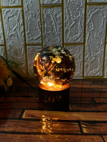 Resin Round LED Lamp with Real Red Roses with Pearls & Date Flowers Preservaton