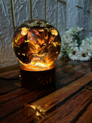 Resin Round LED Lamp with Real Red Roses with Pearls & Date Flowers Preservaton