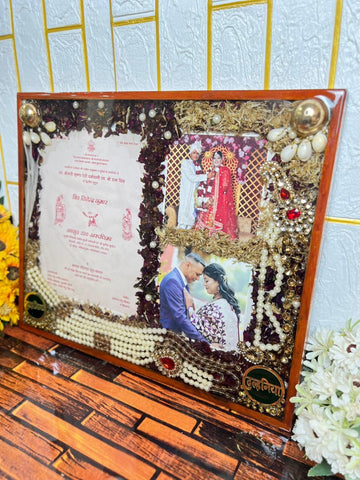 Resin 15by18inch Beautiful Wooden frame with Varmala Flowers & Couple photo, Kantha, Keleers with Kalangi, Weeding-Card, With Bride Broch Varmala Preservation