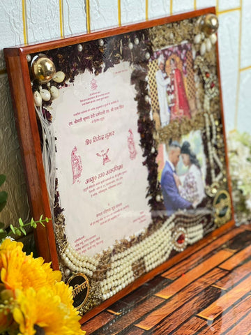 Resin 15by18inch Beautiful Wooden frame with Varmala Flowers & Couple photo, Kantha, Keleers with Kalangi, Weeding-Card, With Bride Broch Varmala Preservation