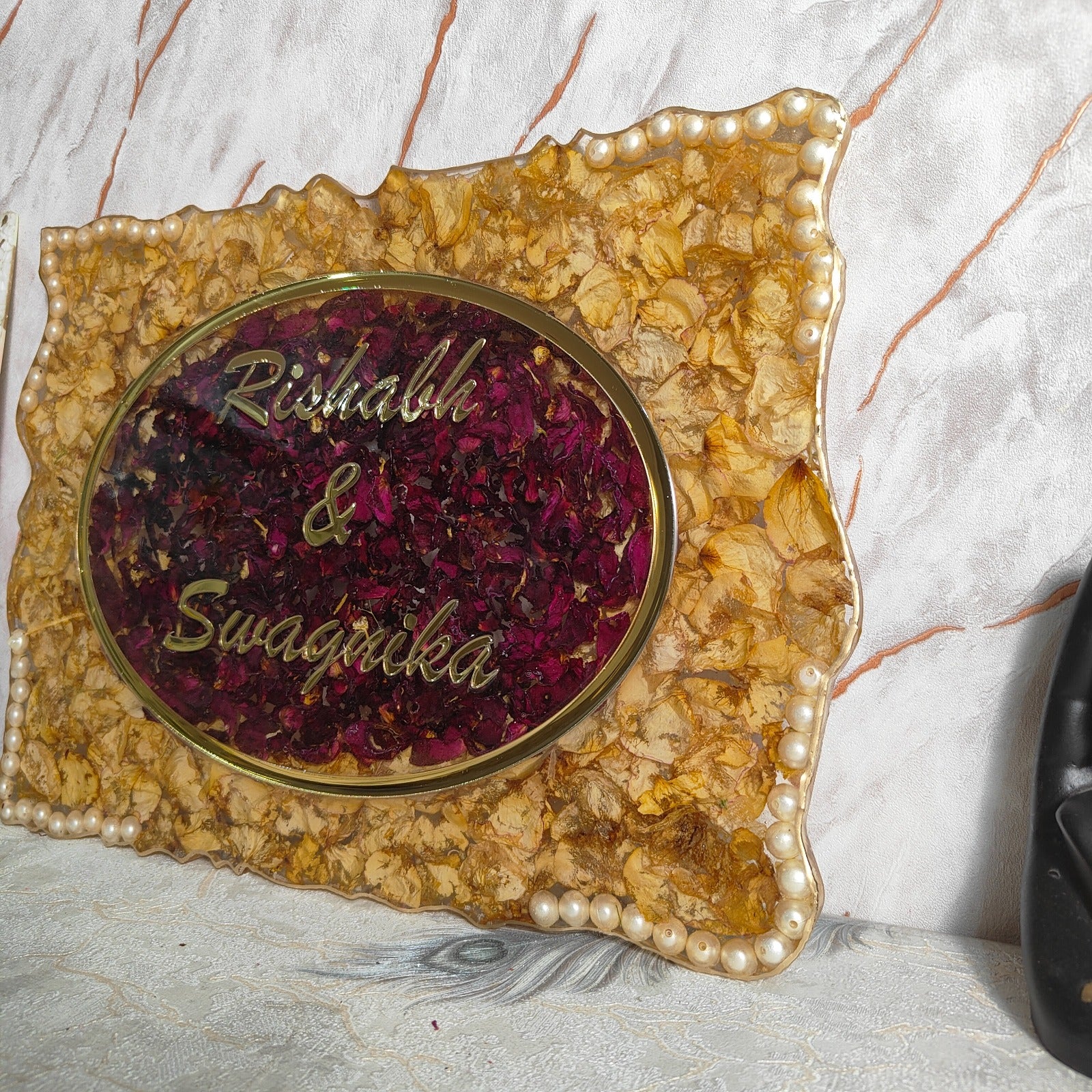 Deep-Casting Nameplate with Preserved Varmala Flowers