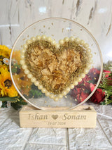 Resin 8inch Round with Heart shape with pearl border and yellow peatles with babybreath with couple Name and date with LED stand Varmala preservation