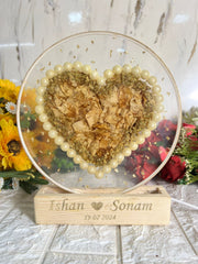 Resin 8inch Round with Heart shape with pearl border and yellow peatles with babybreath with couple Name and date with LED stand Varmala preservation
