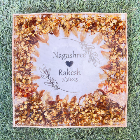 Resin 8inch square with Mogra Flowers with couple name initinal logo with metal stand Varmala Preservation