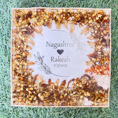 Resin 8inch square with Mogra Flowers with couple name initinal logo with metal stand Varmala Preservation