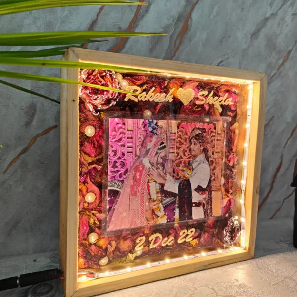 Square Resin Varmala Photo Frame with LED Lights | Custom Wedding Details Preservation (1.5 Inch Depth) | Wedding Momento for Bedroom Decor (8 Inch)