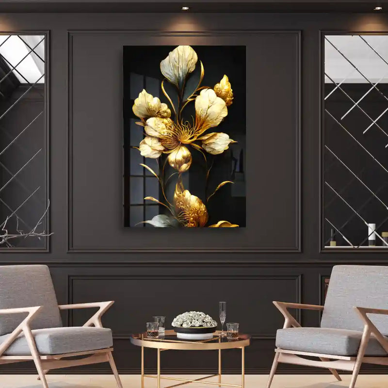 Golden Flower Acrylic Wall Art, Modern Living Room Print