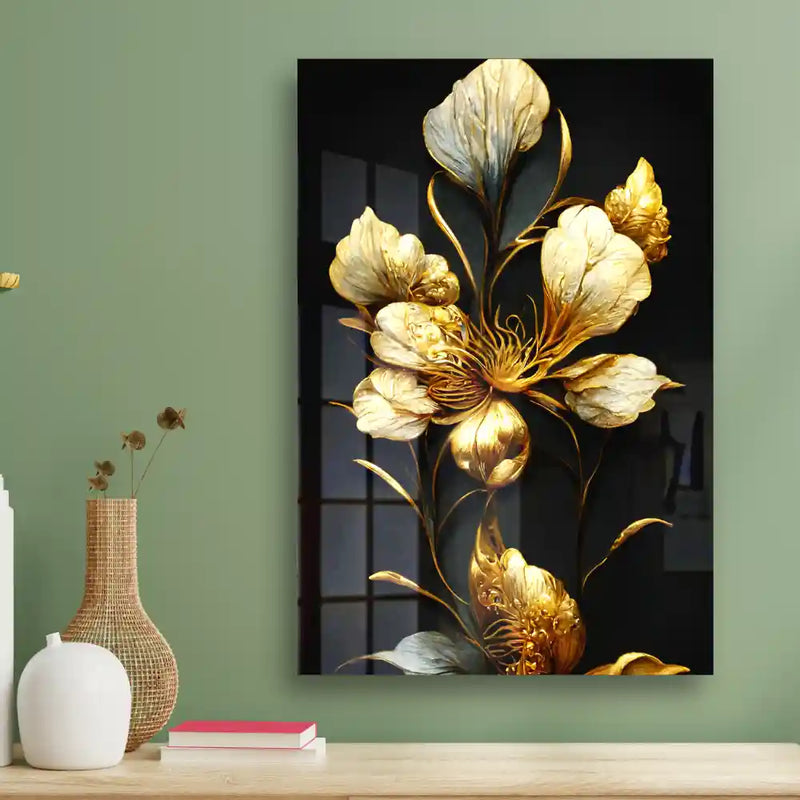 Golden flower acrylic wall art with detailed gold petals on a calm background