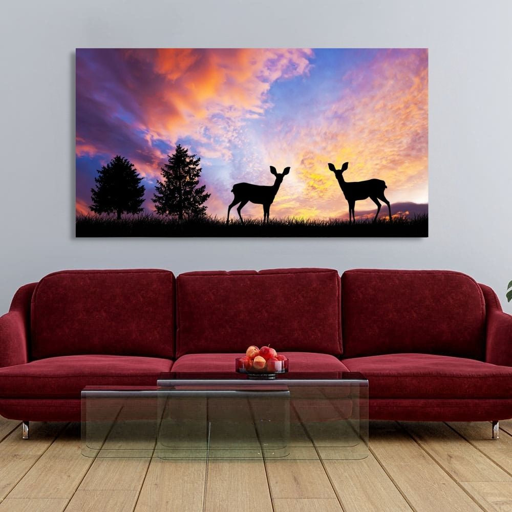 Deer Silhouette Sunset Canvas Wall Painting