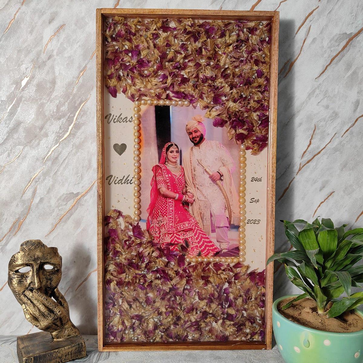 Rectangular Wooden Frame With Varmala Preservation (12 by 24 inch)