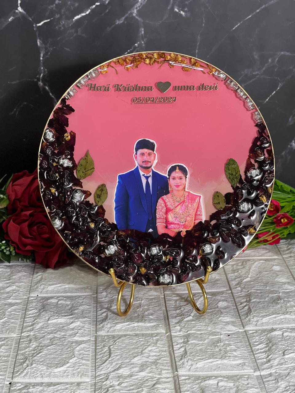 Red Rose patels Jai mala Flower – Pearl Preserve In Round Epoxy Frame Pink Base with photo